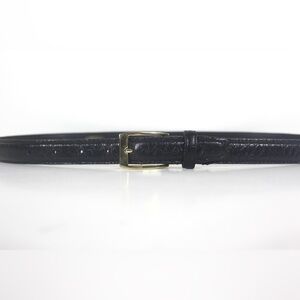 Narrow Black Croc Embossed Leather Belt with Gold Brass Buckle